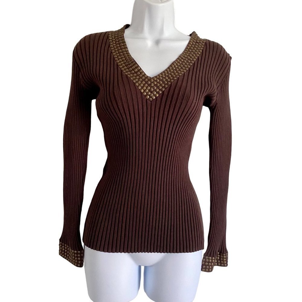 Tracy M Embellished Brown Pull Over V Neck Sweater Women's Large